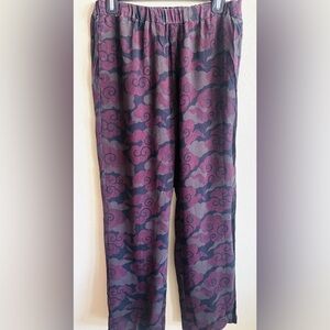 Dries Van Noten 100% Silk Black & Maroon Cloud Botanical Motif Trousers Size: 42